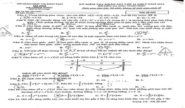 Đề toán thi thử THPT quốc gia năm 2019 ở Hà Nội
