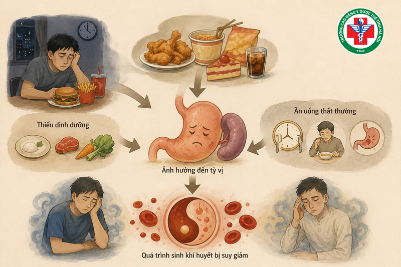 Chế độ ăn uống thiếu dinh dưỡng hoặc ăn uống thất thường làm ảnh hưởng đến tỳ vị và quá trình sinh khí huyết